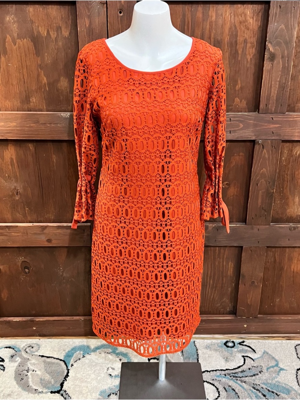Women's Long Sleeve Orange Crochet Sheath Dress